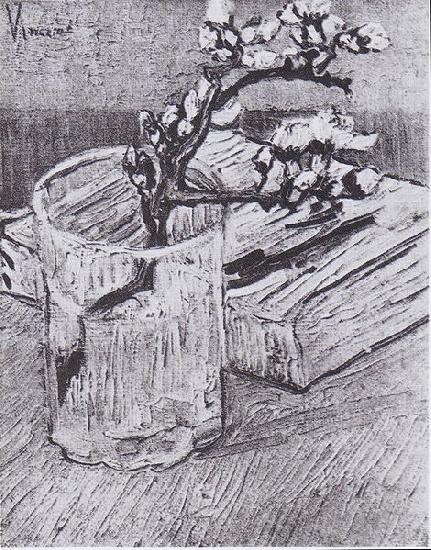 Flowering almond tree branch in a glass and book, Vincent Van Gogh